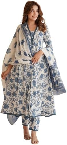 PARTHVI Women's Printed Anarkali Kurta with Palazzo & Dupatta Set (Large, White & Blue)
