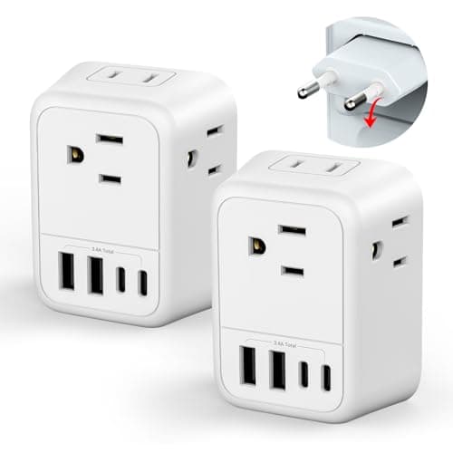 2 Pack European Travel Plug Adapter, FLASHSONIC European Plug Adapter with 4 AC Outlets 4 USB Charging Ports (2 USB C), Foldable Power Plug Adapter Travel Essentials to Italy Spain France Europe