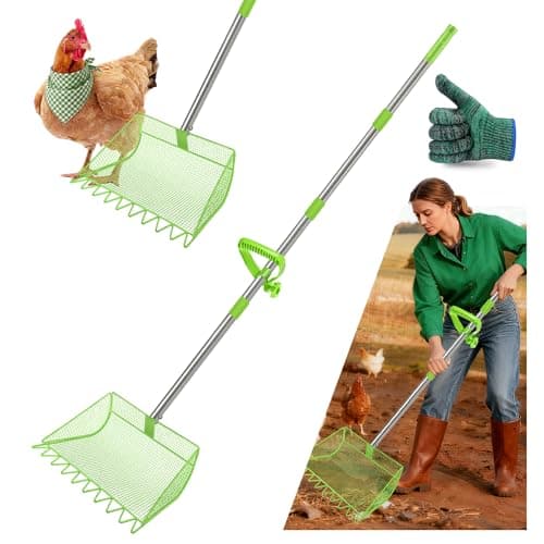 2-in-1 Chicken Coop Scooper: Extra Large 12” Poop Scooper & Rake with Adjustable Handle (37”-65”) | Heavy-Duty Metal Shovel for Quick Pet Waste, Rabbit, Guinea, Barn Cleaning | US Patent Pending,Green