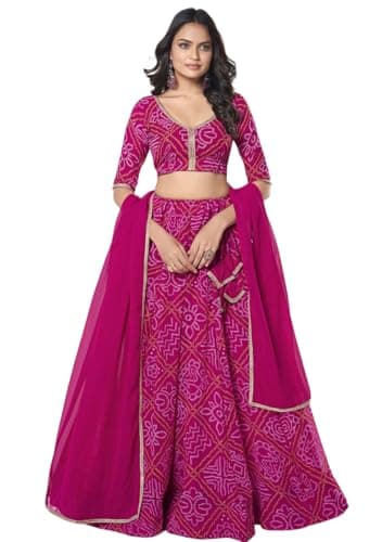 Indya Women's Pink Georgette Bandhani Print Half Sleeve U-Neck Lehenga Set