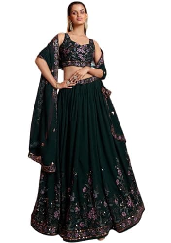 Indya Dark Green Embroidered Blended Lehenga Set for Wedding | Sleeveless | Scoop Neck | Indian Ethnic Wear