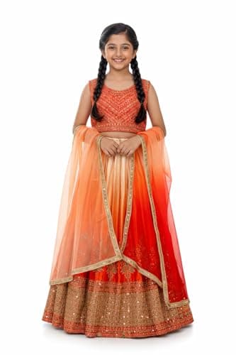 disson Girls Embroidered Lehenga Choli with Dupatta, Sleeveless Anarkali Gown, Pink Blue Orange, Indian Ethnic Wear (US, Age, 9 Years, 10 Years, Orange)