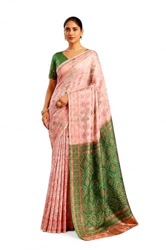 Women's Kanjivaram Banarasi Silk Saree With Unstitched Blouse Piece (Green Cream)