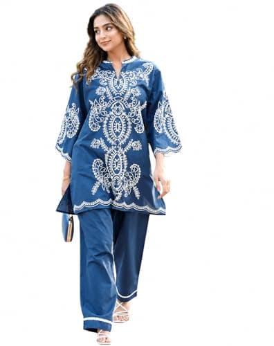 Women’s Cotton Co-Ord Set with Schiffli Embroidery Dress | Stylish Kurta & Pants Outfit for Casual & Festive Wear (US, Alpha, Medium, Regular, Regular, Slate Blue)