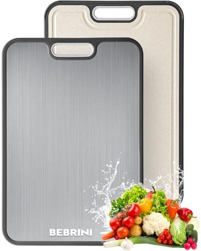 Titanium Cutting Board for Kitchen, Non Toxic Stainless Steel Cutting Board Double Sided, Food Grade Pure Titanium & Wheat Straw PP, Meat & Vegetable Chopping Boards, Scratch Resistant, Large 16”×11”