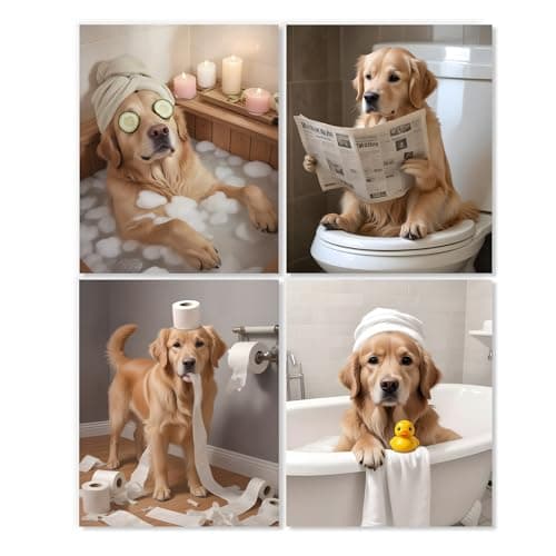 LUKIPOM Funny Golden Retriever Bathroom Wall Art Prints 8x10 Set of 4, Golden Retriever Funny Dog Wall Wall Art Posters for Bathroom Washroom Restroom Decor, Unframed