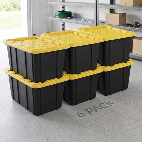 CLMSTE 6 Pack 27 Gallon Heavy Duty Storage Bins with Snap Lids, Durable Plastic Storage Totes with Stackable Black Containers & Yellow Latching Covers for Home Garage Moving Organization
