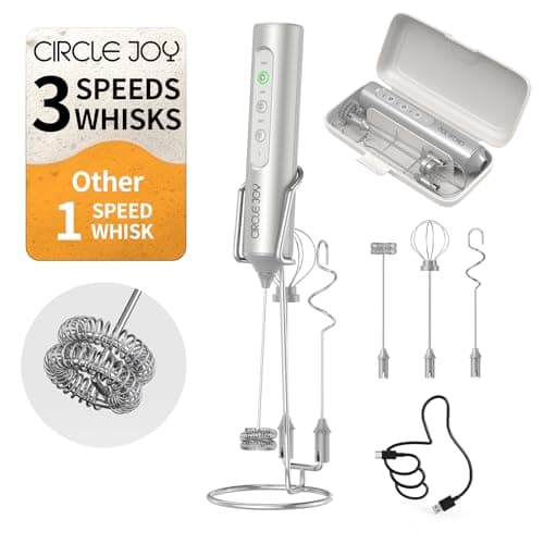 CIRCLE JOY Rechargeable Handheld Milk Frother Wand with Stand, 3 Variable Speeds, 3 Whisks and Storage Box, Electric Drink Mixer for Latte, Cappuccino, Hot Chocolate, Eggs and Protein Powder, Silver