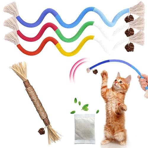 GBSYU Cat Toys Chew Rope & Silvervine Sticks for Bored Indoor Adult Cats, 4Pcs Interactive Catnip Toys for Cats with Refillable Natural Catnip Bag for Teeth Cleaning