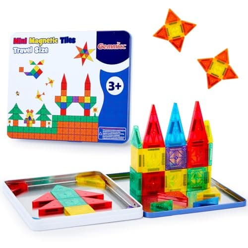 Gemmicc 58 PCS Mini Magnetic Tiles, Travel Magnet Construction Toys with Metal Storage Box, Sensory Montessori Toys for Boys Girls