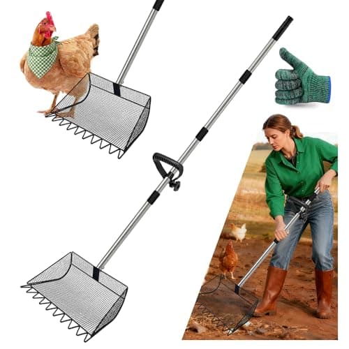 Chicken Poop Scooper, 2-in-1 Coop Scoop & Chicken Coop Rake, Sand Sifting Shovel with Adjustable Stainless Steel Handle, Up to 65 in, No-Bend Cleaning Tool - Patent-Pending (Black)