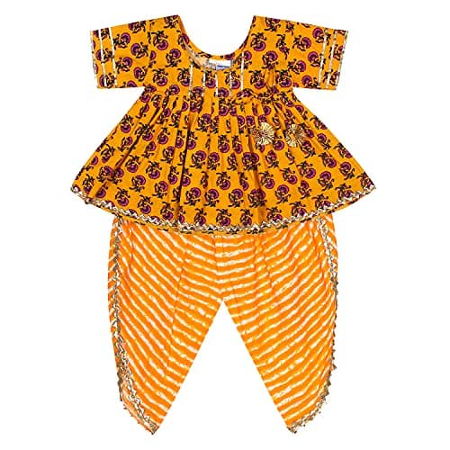 Superminis Baby Girls Printed Frock Style Kurti with Dhoti Style Salwar Ethnic Dress (Yellow, 6-12 Months)