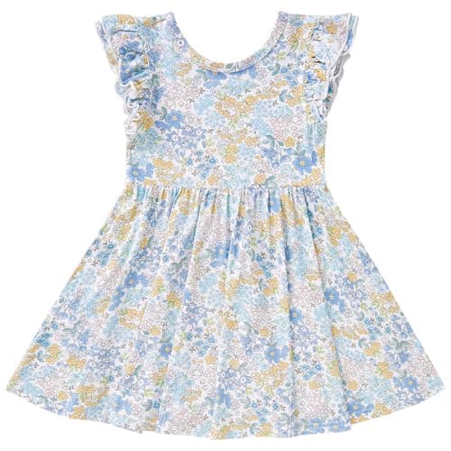 pureborn Toddler Girl Viscose from Bamboo Dress Ruffled Sleeve Playwear Twirl Dresses Blue Floral 4T