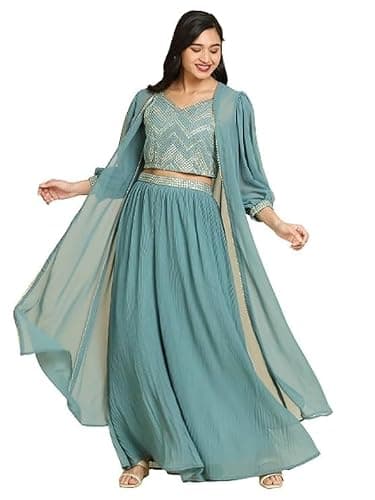 madhuram textiles Women's Georgette Embroidery Sequence Work Lehenga Choli Blouse With Shrug Dupatta For Women Ready To Wear (US, Alpha, XX-Large, Regular, Regular, Turkish Green)