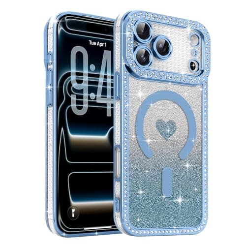 Urarssa Magnetic for iPhone 17 Pro Max Case Glitter for Women Girls, Cute Love Heart Luxury Diamond Rhinestones Cover, Compatible with MagSafe Non-Yellowing Case for iPhone 17 Pro Max, Blue