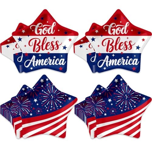 WRXVVTSV 48PCS 7 Inch Star Paper Plates – God Bless America & Fireworks Stripe Designs, Patriotic Disposable Dessert Plates for 4th of July, Summer Party, BBQ, Picnic, Birthday Celebration Tableware