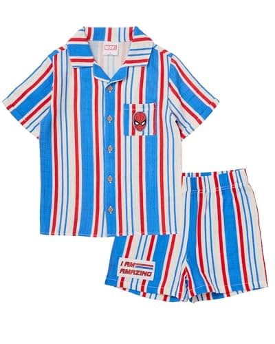 Marvel Spiderman Boys Summer Outfit, 2 Pcs Cotton Button Down Shirt & Shorts Set for Kids (Multi, 6)