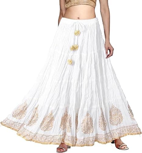 Chadrakala Women's Rayon Cotton Indian Ethnic Lehenga Flaire Long Maxi Ghagra Skirt Embroidered Border,Free Size, White (S112WHI)