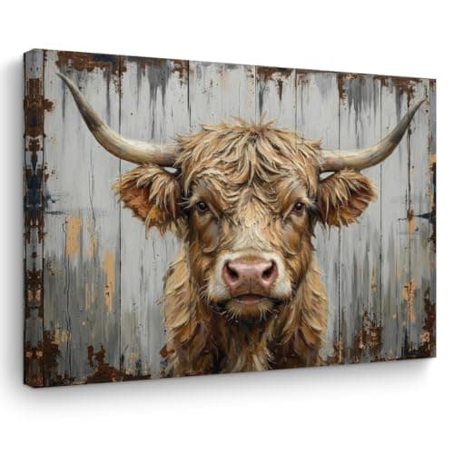 Highland Cow Wall Art, Rustic Farmhouse Cows Pictures Wall Decor Painting, Cute Cow Animal Canvas Framed Posters Prints for Living Room Home Farmhouse Bathroom Decor 11.5x15 Inch