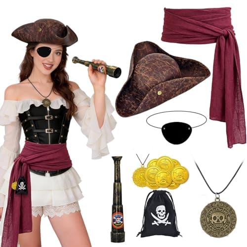 CIRCKOPS Pirate Hat, 16 PCS Pirate Costume Accessories Set for Men Women Halloween Cosplay Party Outfit, Includes Renaissance Pirate Tricorn Hat, Red Sash, Eye Patch and Necklaces