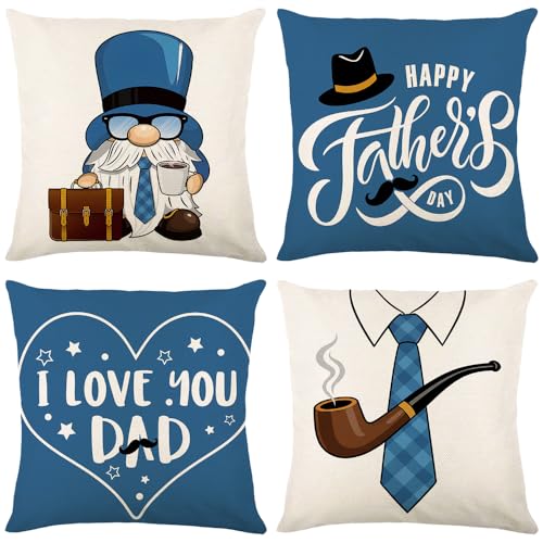 Karii Happy Father's Day Decorations Pillow Covers 18x18 Set of 4, Fathers Day Decor Navy Blue Gnome Dad Gifts Rustic Farmhouse Linen Pillow Case for Sofa Couch Home Decorations