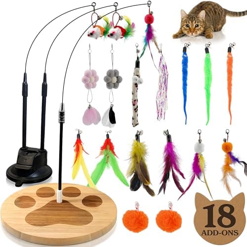 Feather Wand Teaser Cat Toys 18-Piece Simulation Toys For Indoor Cats, Cat Stuff Self-Holding Floor Base & Suction Cup, Bird Simulation Self Play Kitten Toys for Bored Adult Cats Juguete Gato
