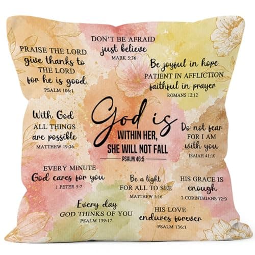 MONALET Christian Floral Throw Pillow Cover 18x18, Bible Verse Decor Pillow Cases for Women, God Is Within Her She Will Not Fall Motivational Decorative Square Pillowcases for Home Living Room Bedroom