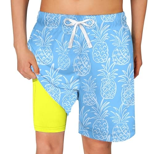 Cozople Teen Boys Swim Trunks with Compression LNER Novelty Pineapple Blue Graphic Bathing Suit Swimwear Stretchy No Chafe Swimming Beach Board Shorts for Casual Swimwear with Pockets
