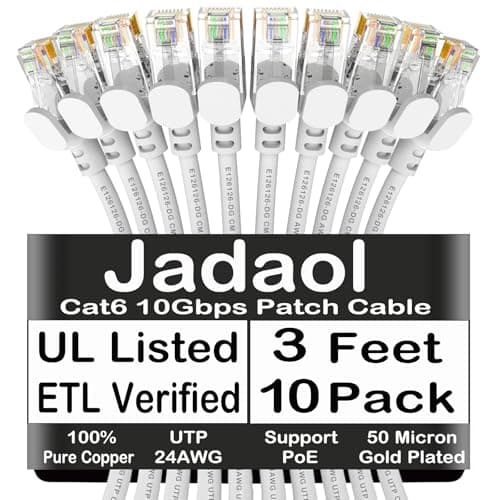 Jadaol Cat 6 Ethernet Cable 3 ft 10Pack, Outdoor&Indoor, 10Gbps Support Cat8/7 Network, 24AWG Pure Copper Patch LAN Cord, Direct Burial Waterproof UV Resistant for Router, Modem, Switch, Server, White