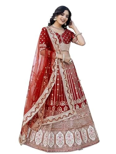 TRENDMALLS Satin Embroidery with Golden Sequin work Bridal Lehenga Choli with Dupatta For Women Ready To Wear (L272-Maroon-M)