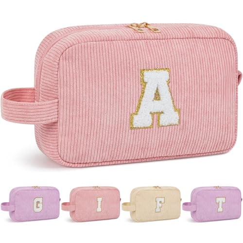 WELIDAY Initial Makeup Bag, Birthday Gift Preppy Chenille Patch Cosmetic Bag, Initial Travel Essentials Beach Toiletry Pouch, Ideal Gift for Teachers & Moms, Women and Girls (Blush Pink, A)