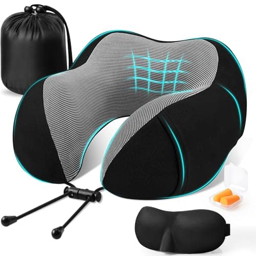 CloudBliss Travel Pillow for Airplane, Memory Foam Neck Pillow for Travel, Compact Flight Pillow with Eye Mask, Earplugs, Carry Bag, Travel Neck Pillow for Long Flight Sleep, Plane Accessories, Black