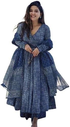 Women's Traditional Blue Cotton Anarkali Kurta Set with Pant & Dupatta | Ethnic Printed Indian Outfit for Festive & Daily Use (US, Alpha, Medium, Regular, Regular, Blue)