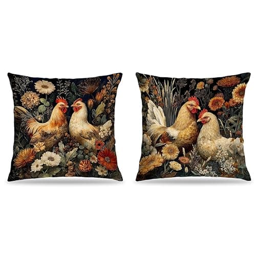 FITIE William Morris Inspired Chicken Pillow Covers 18x18 Set of 2,Chicken Lover Mom Lady Gifts,Dark Cottagecore Wildflowers Rooster Decorative Throw Pillow Covers for Farmhouse Home Bedroom