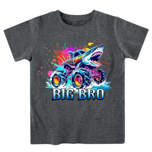 Funnycokid Big Brother T Shirt 6T 5T Promoted Monster Shark Truck Colorful Splash Neon T-Shirt Black Size 5 6 Pregnancy Announcement Gifts for Boys