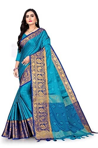 MOHIT CREATIONS Wedding Wear Traditional Pure Cotton Silk Saree With Unstitched Blouse Piece (SkyBlue1)