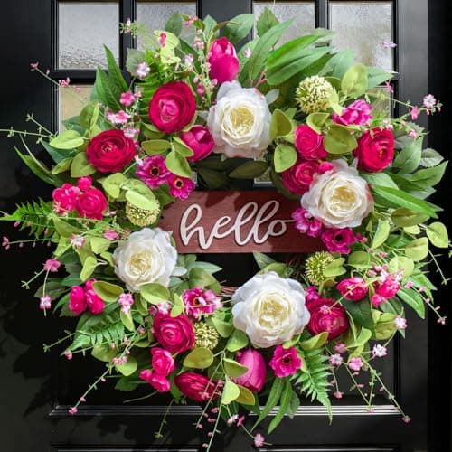 Pinkpuii Spring Wreaths for Front Door Outside– 24 Inch Spring Summer Wreath with Vibrant Pink Peony,Tulip & White Rose Flowers and Hello Wooden Sign,Ideal for Farnhouse Porch,Wall,Window Décor