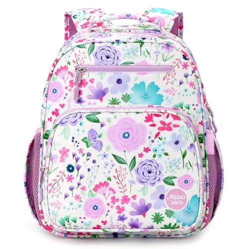 mibasies Kids Backpack for Girls: Girls Backpack 5-8 - Kindergarten Elementary School Bookbag for Girl - Flower Light Purple