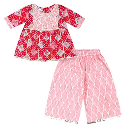 Superminis Baby Girls Cotton Printed Kurti With Gota Work And Straight Palazzo (12-18 Months, Pink)