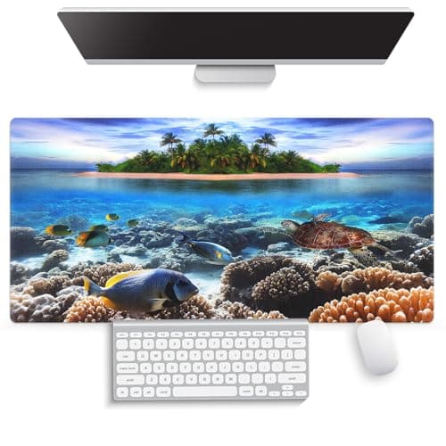 knseva Large Gaming Mouse Pad (31.5" x 15.8") - Tropical Island Underwater Paradise Marine Life Sea Turtle A Coral Reef Adventure, Extra XXL Office Accessories, Premium Stitched Anti-Slip Desk Mat
