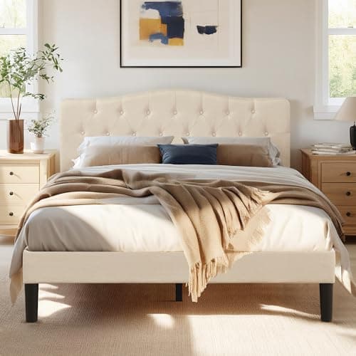 VECELO Queen Size Bed Frame Up...t Support, Easy Assembly,Beige