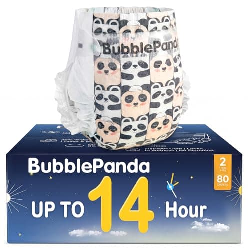 BubblePanda Overnight Diapers, Baby Diapers Nighttime Protection with Dual Absorbent Core, Wider Absorbent Zone, Leak Proof & Soft Surface, Disposable(Size 2, Count 80)