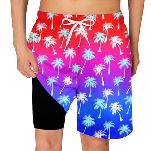 Cozople Size 14-16 Boys Swim Trunks Ombre Red Coconut Tree Swimsuit with Black Compression Liner No Mesh 2-in-1 Board Shorts