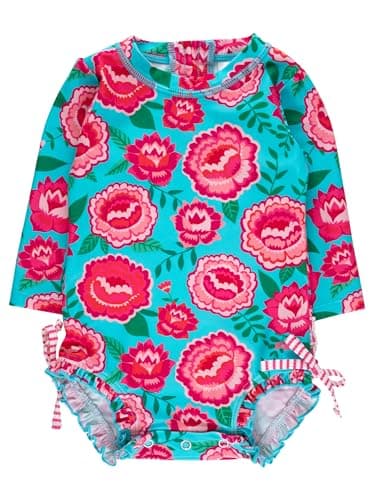 RuffleButts Baby Girls UPF 50+ Sun Protection Floral Printed Long Sleeve One Piece Rash Guard Swimsuit with Zipper - Bright Blossoms, 12-18m