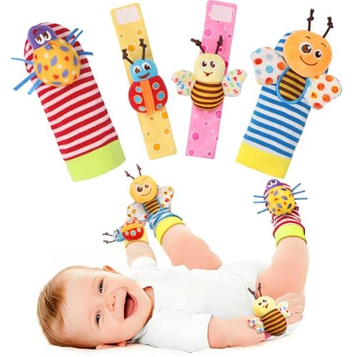 Bloobloomax Wrist Rattle Socks and Foot Finder Set, Infant Girl Boy Toys for Babies 0-36 Months, Newborn Hand & Foot Toys for 0 to 3 Years, Baby Shower Gifts Set Easter Basket Stuffer