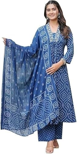 SAYANG Cotton Anarkali Indian Kurti for Women Summer Dress Kurta Pant with Dupatta Set (US, Alpha, X-Large, Regular, Regular, Blue)