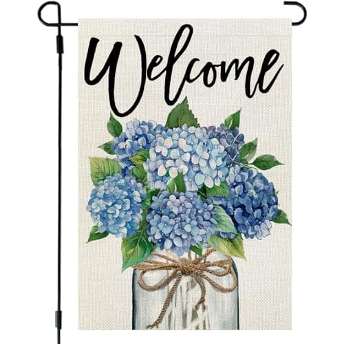 CROWNED BEAUTY Spring Garden Flag Hydrangea Mason Jar 12x18 Inch Double Sided Small Floral Seasonal Holiday Decoration for Outdoor Lawn Yard
