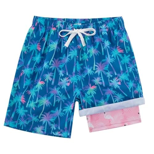 swimsobo Teen Boys Swim Trunks Size 18 Kids Bathing Suit Blue Hawaii Palm Tree Swimming Shorts with Compression Boxer Liner Swimsuit