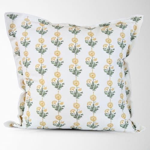 Amalthea Mughal Flower Pillow Cover – 100% Cotton Designer Throw Pillow Cover – Luxury Decorative Accent for Sofa, Couch, Bed & Modern Coastal Grandmillennial Home Décor (Yellow, 22x22)