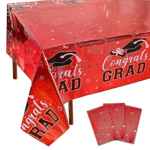 Sparkling Graduation Tablecloth Decoration 2026, 3CT Red Gongrats Grad Holographic Laser 9FT Tablecover for Graduation Party Supplies, Class of 2026, Disposable Shimmering Plastic Table Cloths